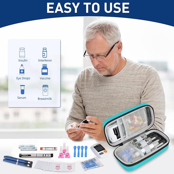 Insulin Cooler Travel Case, Portable Temperature Display Medicine Travel Cooler, Diabetes Case with 2 Reusable Ice Packs TSA Approved for Diabetic Supplies Patent Pending(Seafoam)