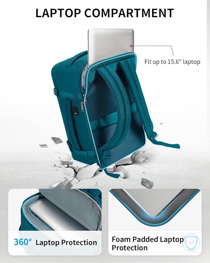 ECOHUB 17'' Small Travel Backpack, United Airlines Personal Item Bag 16.9"x10"x7.5" Carry on Backpack with USB Port Luggage Sleeve Travel Essentials for Men Women Water Resistant, Teal