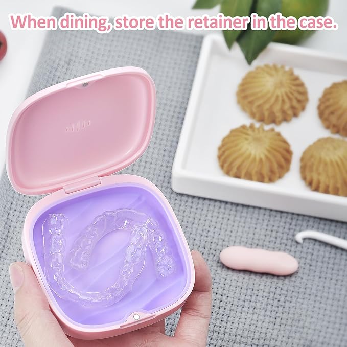 Retainer Case Slim Aligner Case with Vent Holes Removable Inner Tray Silicone for Easy Cleaning (1Pack Pink Purple)