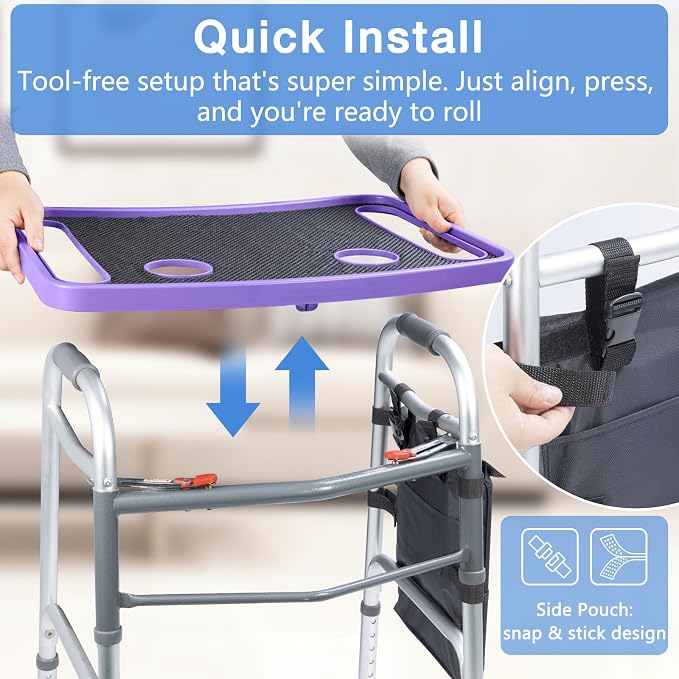 Walker Tray for Seniors with Dual Cup Holders & Side Pouch (Purple) | Durable Food & Drink Table, Lightweight with Non-Slip Pad, Compatible with Walker of 10210-1 Model