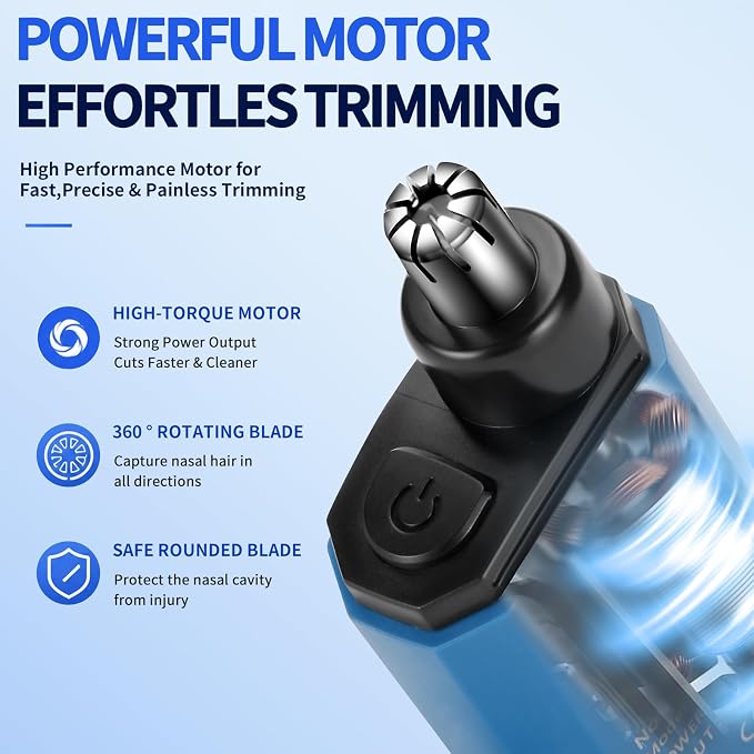 Nose Hair Trimmer for Men and Women, USB-Rechargeable Electric Nose and Ear Hair Trimmer, Pain-Free, Waterproof and Portable, with Stainless Steel Blades (Blue)