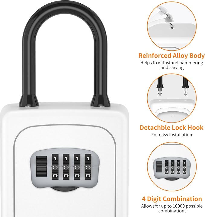 Portable Key Lock Box, Upgrade Clearly Visible Numbers, Lock Box Wall Mounted for House Key, 5 Key Capacity, Weatherproof Resettable Code (White, 1)