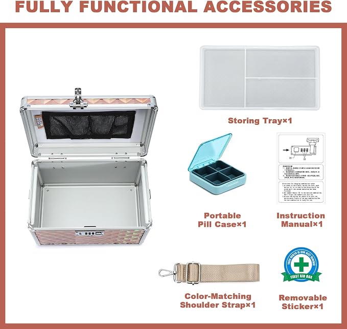 Storage Lock Box with Combination Lock, Lockable Medicine Storage Box, Empty First Aid Box, Security Lock Box, Multipurpose Locking Box for Home and Outdoor Use (Champagne, Medium)