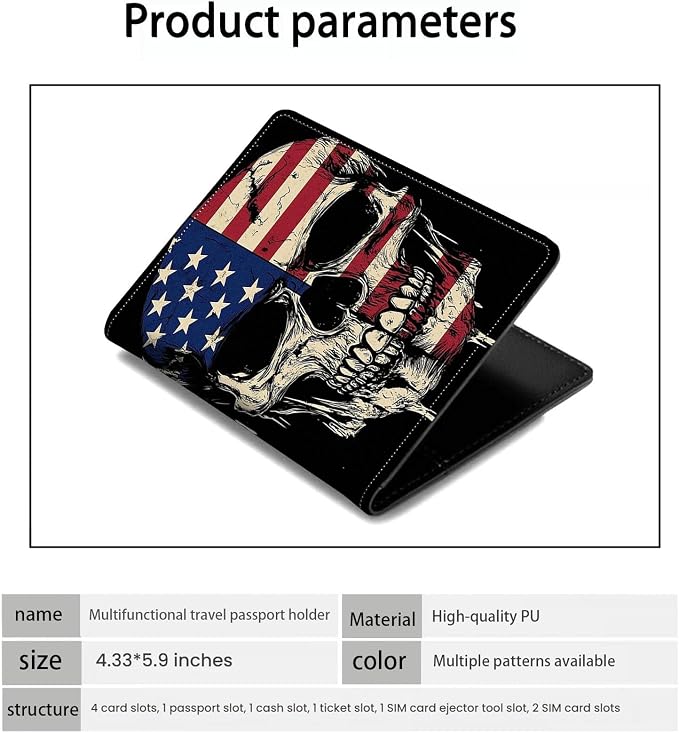 Passport Holder Wallet Cover Case,RFID Blocking Passport Cover,Large Capacity Travel Wallet with Multi Card Slots (Skull American Flag)