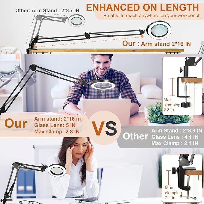VEEMAGNI 10X 5 Inch Large Real Glass Magnifying Glass with Light and Stand, 5 Color Modes Stepless Dimmable, 2*16 Inch Swivel Arm LED Clamp Desk Lamp, Hands Free Lighted Magnifier for Close Work Craft