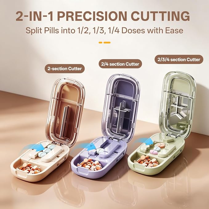 Pill Cutter Splitter for Small and Tiny Large Pills,Adjustable Pill Splitter Push-Button Cuts into 1/2, 1/3, 1/4，Comes with a Small Brush and a Medicine Storage Box (Green, 1/3 Tablet)