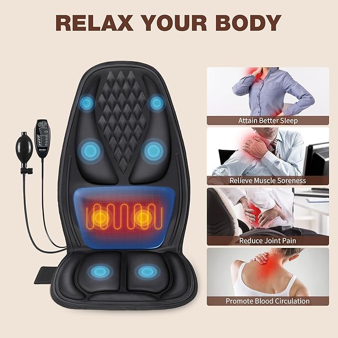 Back Massager with Heat, Massage Seat Cushion with 3D Back Support, 8 Vibrating Motors Massager Chair Pad for Full Body Pain Relief, Ideal Gift for Valentine's Day/Lover/Parents/Friends