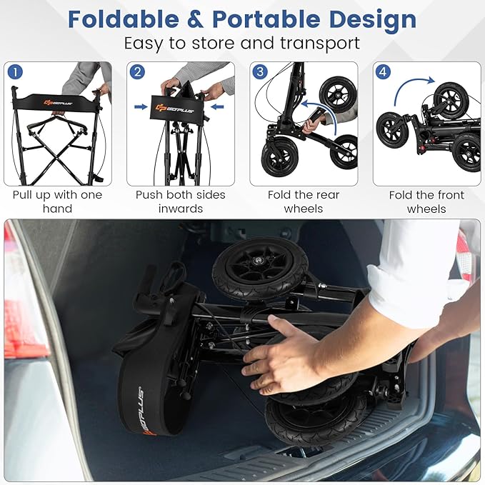 Goplus Walkers for Seniors with Seat, 2 in 1 Folding Rolling Rollator Walker with 9" Pneumatic Tires for All Terrain, Height Adjustment, Ergonomic Backrest, Aluminum Adult Mobility Walking Aid