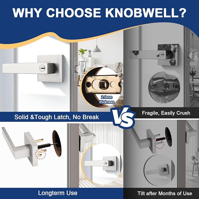 KNOBWELL 1 Pack Door Handles with Lock and Key, Brushed Nickel Exterior Door Handlesets for Front Door/Gate/Garage(Different Keys)