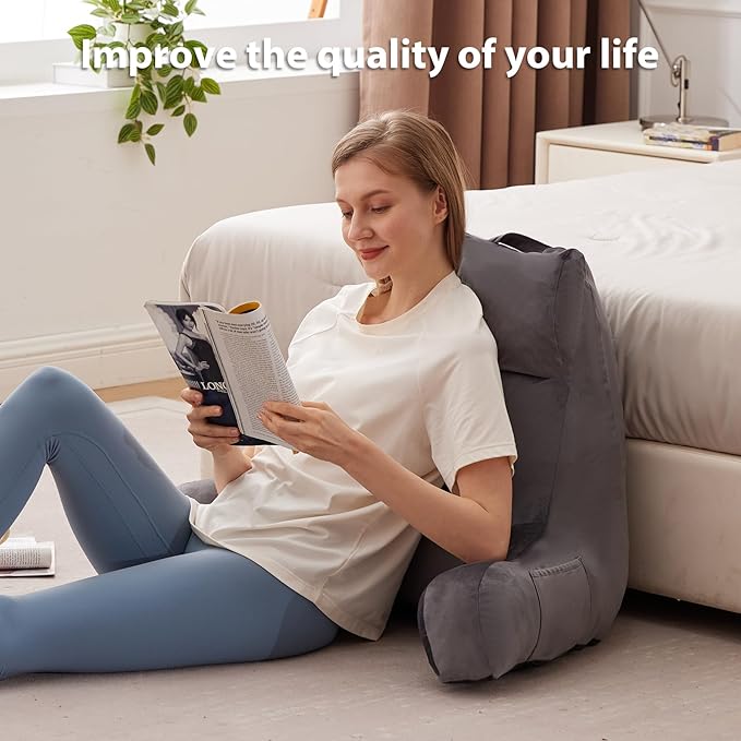 Reading Pillow with Arms for Adult, Back Pillow for Bed Sitting Up, Shredded Memory Foam Backrest Pillow with Pockets & Removable Washable Cover, Lounging, Watching TV, Reading(24inch Grey)