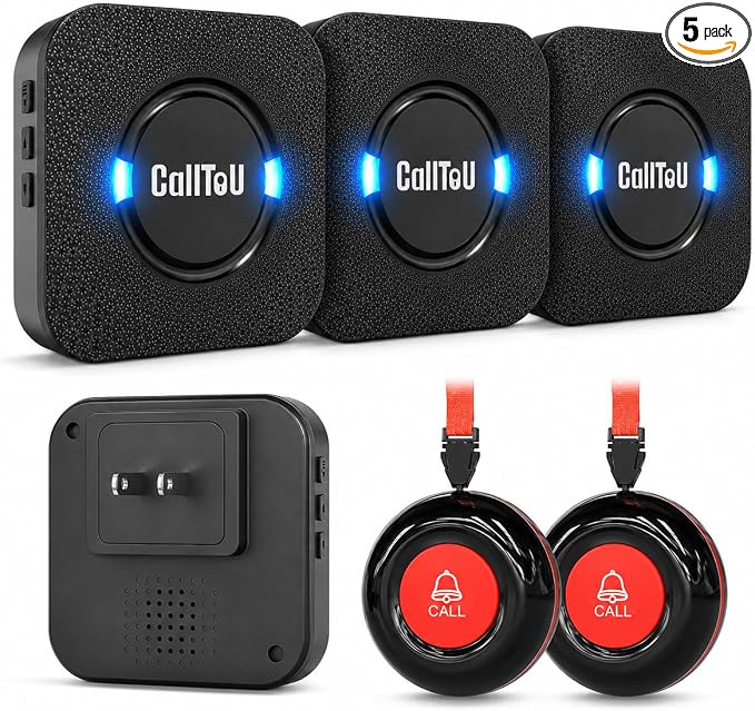 CallToU Caregiver Pager Wireless Call Button for Elderly at Home, 500+ ft Open Area Long Range Through Walls, 3 Plug-in Receivers and 2 Waterproof SOS Buttons, Home Nurse Call System
