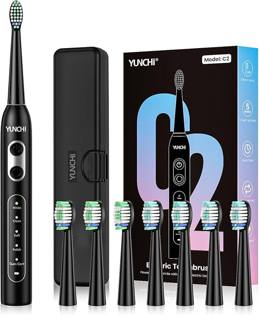 YUNCHI Electric Toothbrush Birthday/Valentine Plastic 8 Dupont Heads 24-Mo Deep Cleans Gentle Gums Removes Stains 3Hr USB-C 90d 2-Min Timer/30s IPX7 - Black