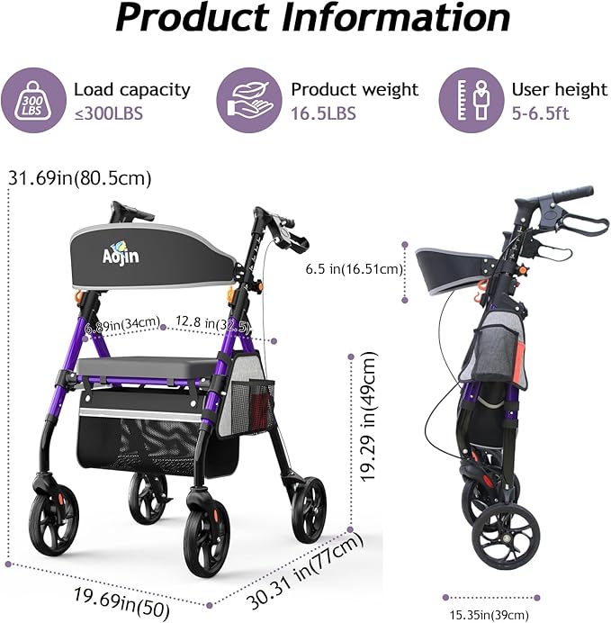 Lightweight Foldable Rollator Walkers with Seat for Seniors, 350 lb Capacity, 8'' Wheels, 17.7" Big Seat, 6-Position Adjustable Height, Ultralight Aluminum Frame Rolling Walker (Purple)
