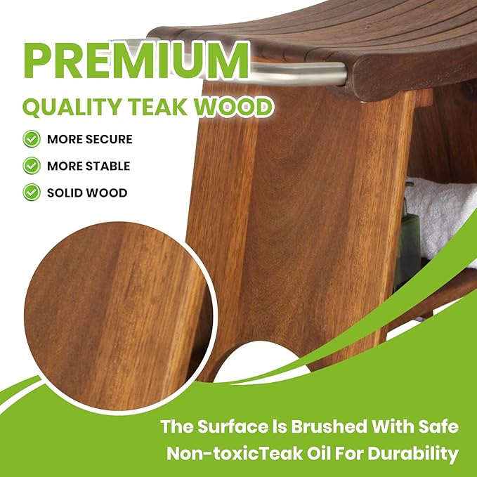 Teak Shower Bench with Stainless Steel Handles, 15” Waterproof Luxury Teak Shower Stool with Shelf, Compact Fit for Small Bathrooms, Easy Assembly Support 300 lbs