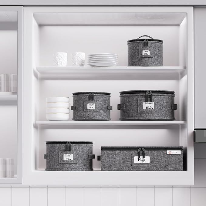 YearningHome China Storage Containers,4 Piece Set,Hard Shell Moving Boxes for Dishes,Plate,Dinnerware,Saucers Quilted Organizer Dividers for Packing Fine China Storage Containers,Grey