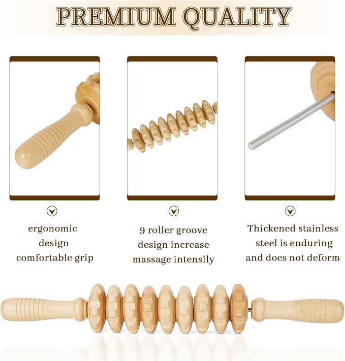 Liitrton Manual Wooden Massage Roller Stick for Legs, Smooth Body Roller | Straight-9-Wheel Massager, Wood Therapy Massage Tools for Trigger Points Relief, Sore Muscle Recovery
