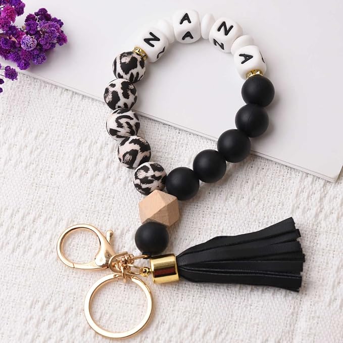 BAOSIWA Silicone Key Ring Bracelet Wristlet Keychain Unique Beaded Bangle Key Chains for Women with Leather Tassel