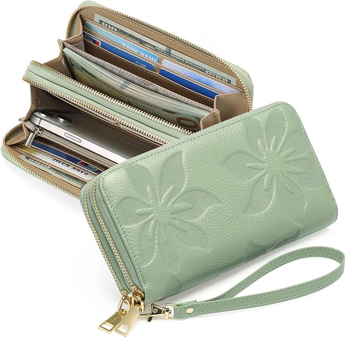 GOIACII Women's Wallet Large Capacity Double Zip Ladies Card Phone Holder RFID Blocking Wristlet Leather