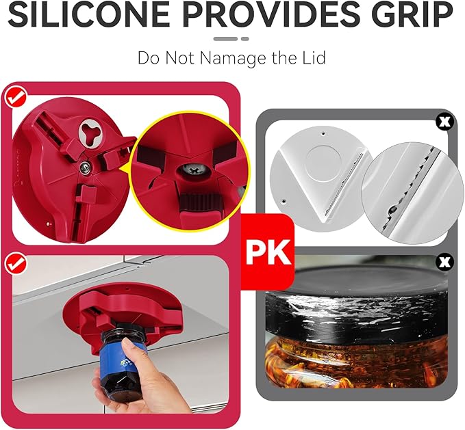 Jar Opener Bottle Opener for Seniors with Arthritis - Under Cabinet Jar Opener for Weak Hands, Rotary Lid Opener, Easy Twist-Off Lids for Jars & Bottles, Original Kitchen Gadgets (Red)
