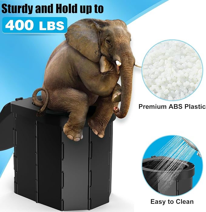 Portable Camping Toilet, Folding Toilet for Adults with Lid and Retractable Toilet Paper Holder, Waterproof Porta Potty with Carry Bag and Disposible Liners
