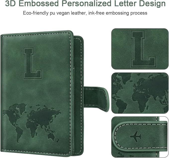 Passport Holder Wallet Cover Personalized Initial Travel Essentials | Embossed Letter A-Z Design, Travel Wallets, RFID Blocking, Passport Book Holders, Women Men, Personalized Gifts, Green-L