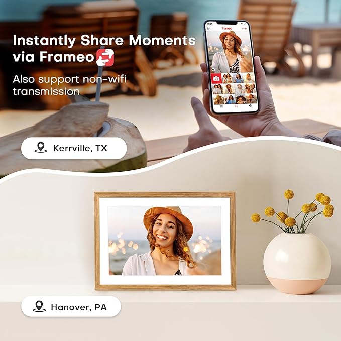 Frameo 10.1" Digital Picture Frame WiFi Wood, 1280 * 800 IPS HD Touchscreen, 32GB Storage, Instant Share Photo Video, Gifts for Mom, House Warming