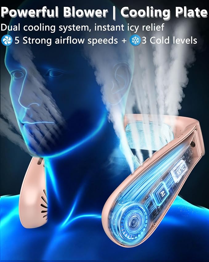 FWV Neck Fan with Cooling Plate, Whisper Quiet 30dB, 5500mAh Up to 24H, Hands-Free USB-C Headphone Fans, LED for Battery&Speed, Bladeless Portable Neck Coolers for Hot Weather Outside Sports Pink