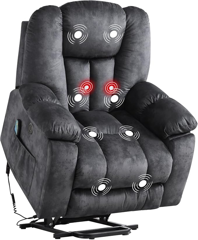 Large Power Lift Recliner Chair with Massage, Heat, and USB for Elderly, Overstuffed Wide Recliners, Heavy Duty and Safety Motion Reclining Mechanism, Gray