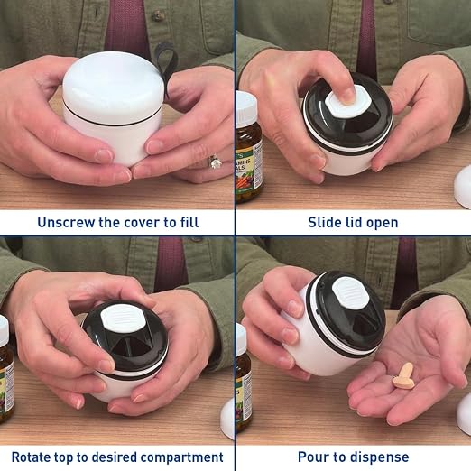 EZY DOSE Mini Pill Organizer, 4-Compartment Vitamin & Medication Case with Screw-Top Secure Seal + Sliding Dispenser, Compact Bottle-Replacement for Purse, Work, Cruise & Travel, Medium, White/Black