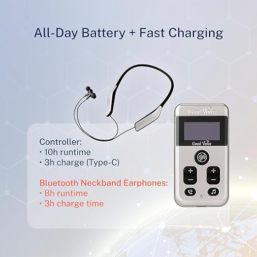 OKB Hearing GV-SA0361 Hearing Amplifier for TV & Conversation, Neckband-Style, Bluetooth 5.0, Noise Reduction, 2-in-1 TV & Hearing Modes, External Mic, USB-C Rechargeable, 10h Controller / 8h Earphones, Mirror Chrome