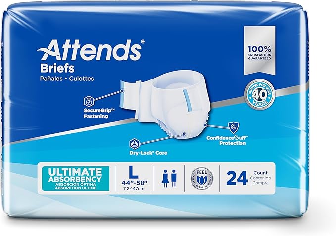 Attends Confidence® Adult Unisex Disposable SmartCool® Briefs, Large,44"-58" Waist, SecureGrip Tab Closure, Ultimate Absorbency, Dry-Lock Containment Core, 24ct Bag