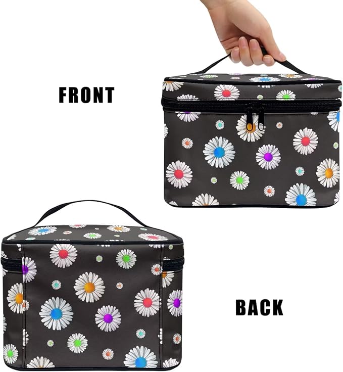 Color Daisy Flowers Makeup Bag Travel Cosmetic Bag Floral Organizer Toiletry Bag, Small Flower Pattern Make Up Bags with Compartments for Women