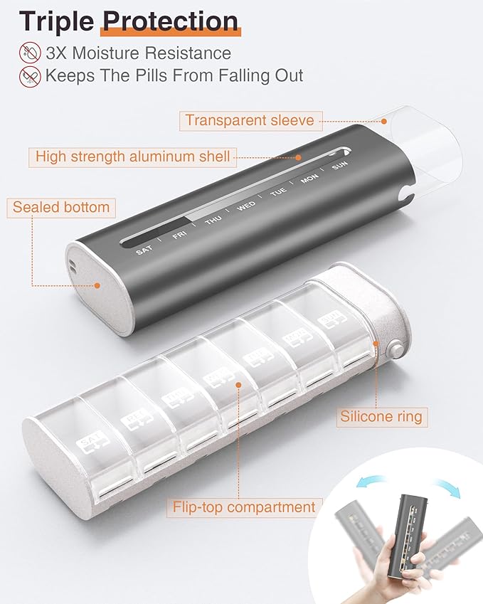 Zannaki Aluminum 7 Day Weekly Pill Organizer, Portable Travel Pill Case with Three Layer Seal, Large Capacity Cute Daily Pill Box, Pill Holder Container for Vitamins, Pills, Supplements and Medication