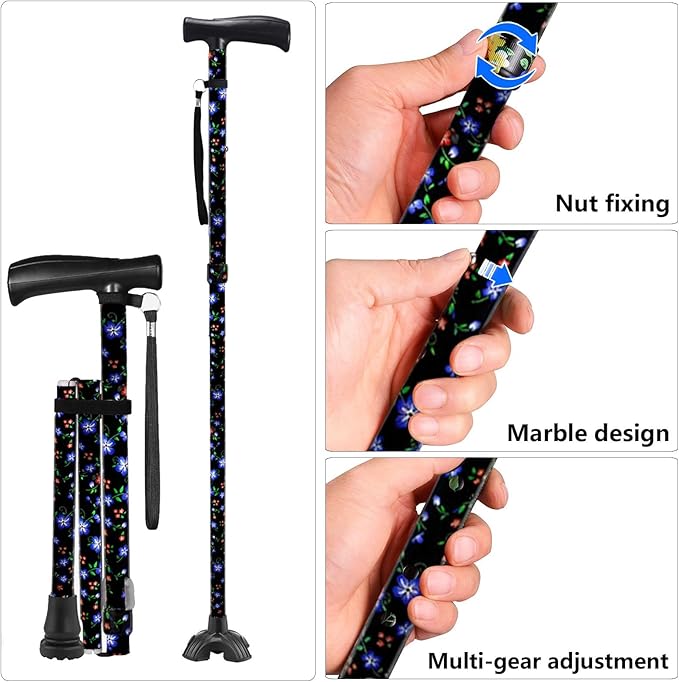 Floral Canes for Women Folding Cane for Stability with Non-Slip Base, Adjustable Walking Cane for Seniors - Lightweight Collapsible Walking Sticks with T & Offset Handle
