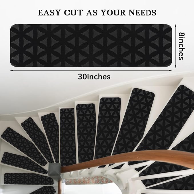 RIOLAND Non-Slip Carpet Stair Treads for Wooden Steps Indoor, 8" X 30", 15 Pack Peel and Stick Stair Treads Runners for Kids Elders and Pets, Black