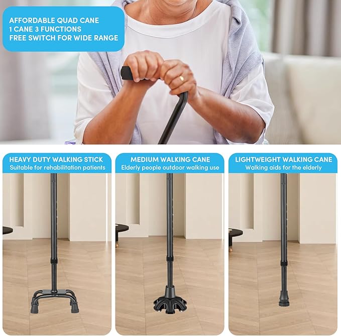 Adjustable Walking Cane for Women ＆ Men with 4-Pronged Base for Extra Stability, Foam Padded Offset Handle for Soft Grip, Foldable Cane for Seniors for Stability with 3 Different Cane Tips