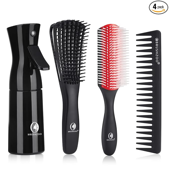 BRUSHZOO Detangler Brush with Hair Spray bottle 9 Row Brush Wide Tooth comb, Hair Brushes for Women Men Kids Curly 3/4abc Hair (Red)