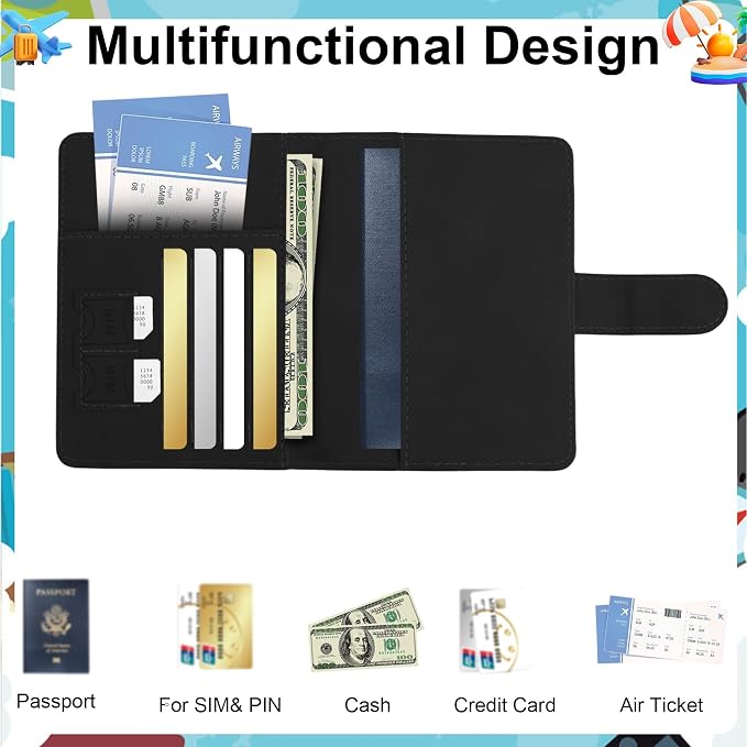 Passport Holder for Travel Essentials, Black Leather Passport Cover, Passport Wallet Holders for Women Men Family Travel Gifts Must Have Accessories, Credit Card Cash Air Ticket Storage Supplies