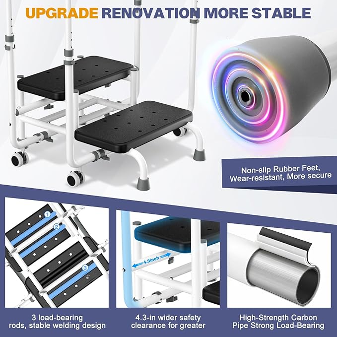 2 Step Stool with Adjustable Dual Handrail & 4 Lockable Wheels for Elderly - Bed Steps for High Beds for Adults, 4.3 in Widened Spacing, for Bedside Step Stool, Kitchen, RV, Bathtub