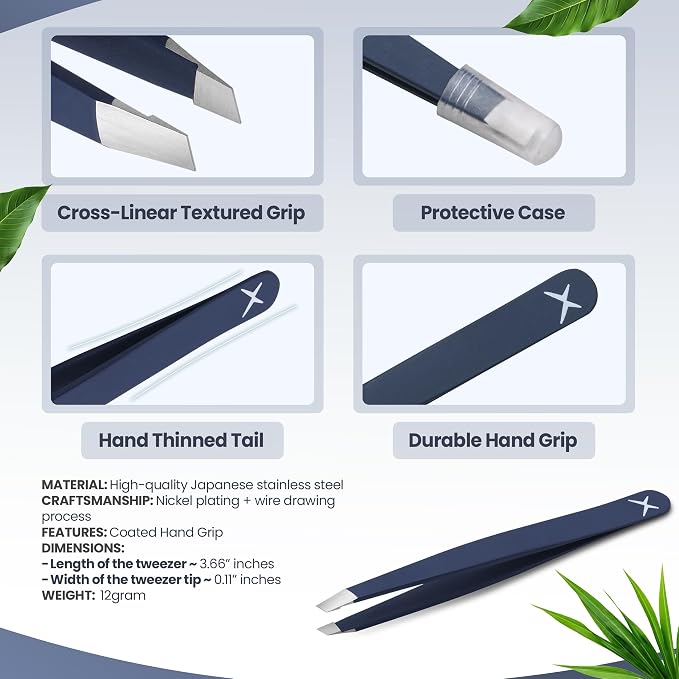 Professional Slant Tip Tweezers - Precision Stainless Steel Eyebrow Plucking Tool for Women and Men, Ingrown Hair Remover, Facial Hair Tweezers for Grooming (Velvet Navy)