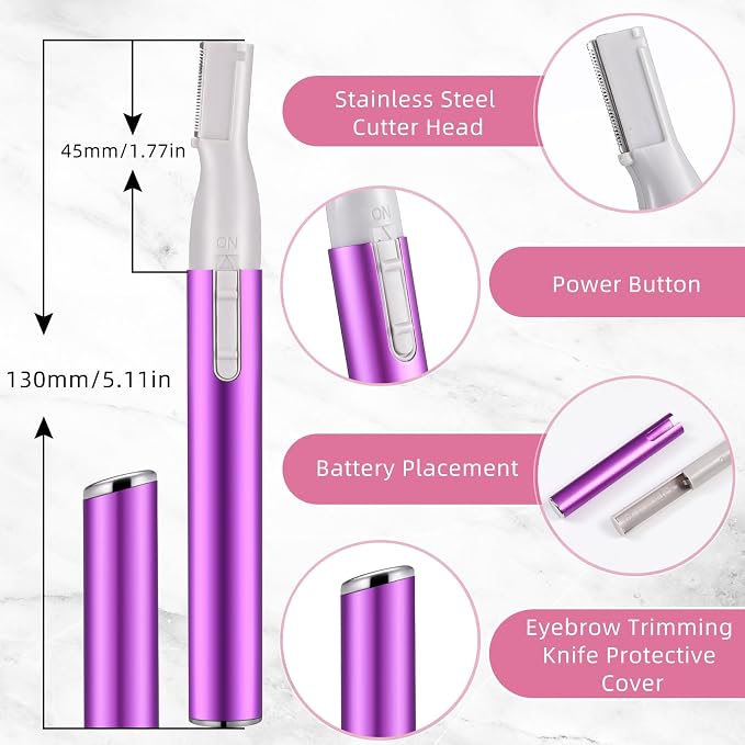Chumia 2 Pcs Electric Eyebrow Trimmer Women Precision Face Razors Mini Shaver with Comb Christmas Women Gift Battery Operated Personal Epilator for Face Neck Fuzz Lips Leg(Pink,Purple)