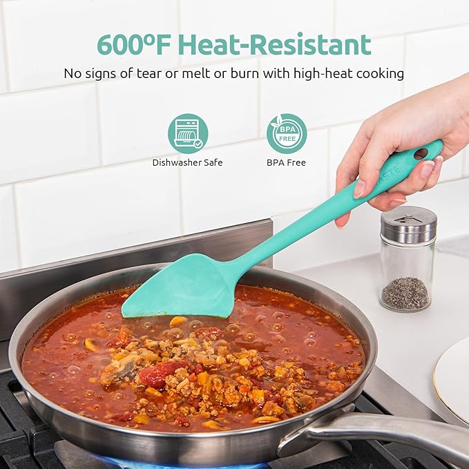 U-Taste Silicone Spatula Set, 600ºF High Heat Resistant, Seamless Flexible Rubber Kitchen Cooking Mixing Baking Scraper for Nonstick Cookware Set of 5 (Aqua Sky)