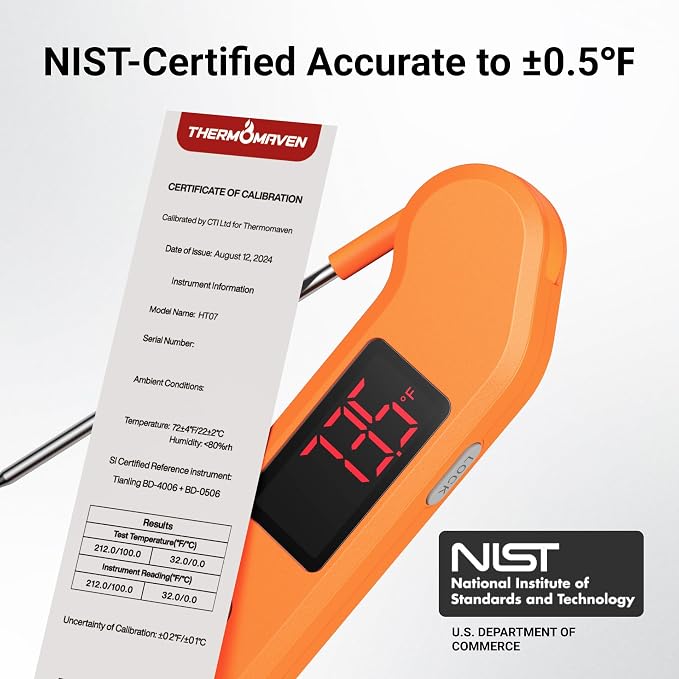 ThermoMaven 1 Sec Professional Digital Meat Thermometer, ±0.5℉ Accuracy | NIST&NSF Certified Food Thermometer, Auto-Rotate Bright LED Screen, Highly Waterproof for Grill BBQ, Orange