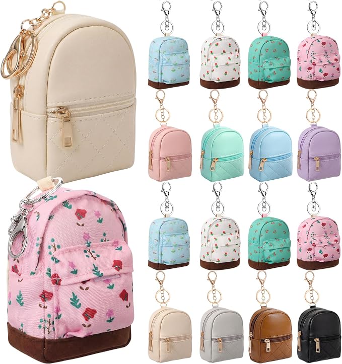Hsei 16 Pcs Mini Backpack Keychain Coin Purse Tiny Key Chain Cute Cosmetic Bag Change Pouch Wallets Mini Gifts for Women Multi Pocket Card Holder Small Items Cable Organizer Zipper Pouch (Color Mix)