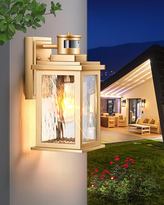 VIANIS Gold Motion Sensor Outdoor Lights Lantern, Exterior Lights for House | UL Listed, Dusk to Dawn Anti-Rust Porch Lights Sconce, Garage Lights Wall Mount for Patio, Doorway, Fade-resistant, 2 Pack