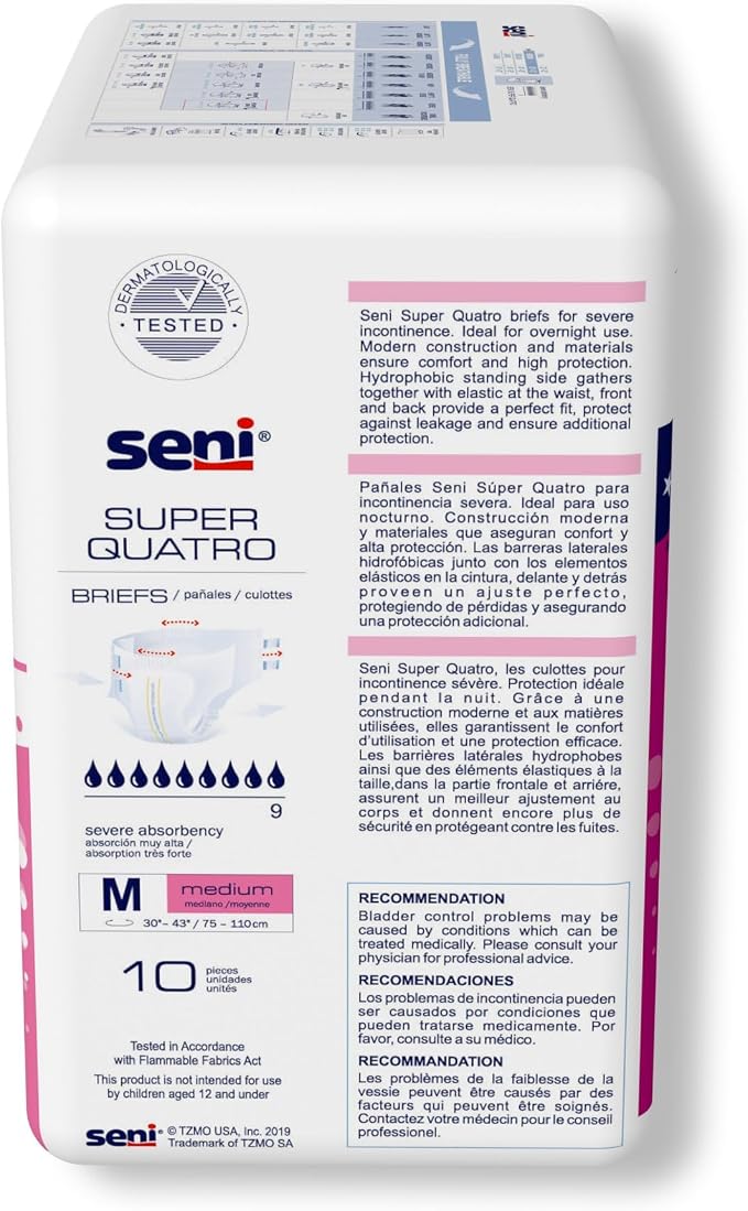 Seni Super Quatro Unisex Adult Incontinence Briefs with Tabs, Size Medium (30"-43"), 20 Count (2 Packs of 10), Severe Absorbency, Disposable Overnight Briefs for Men & Women