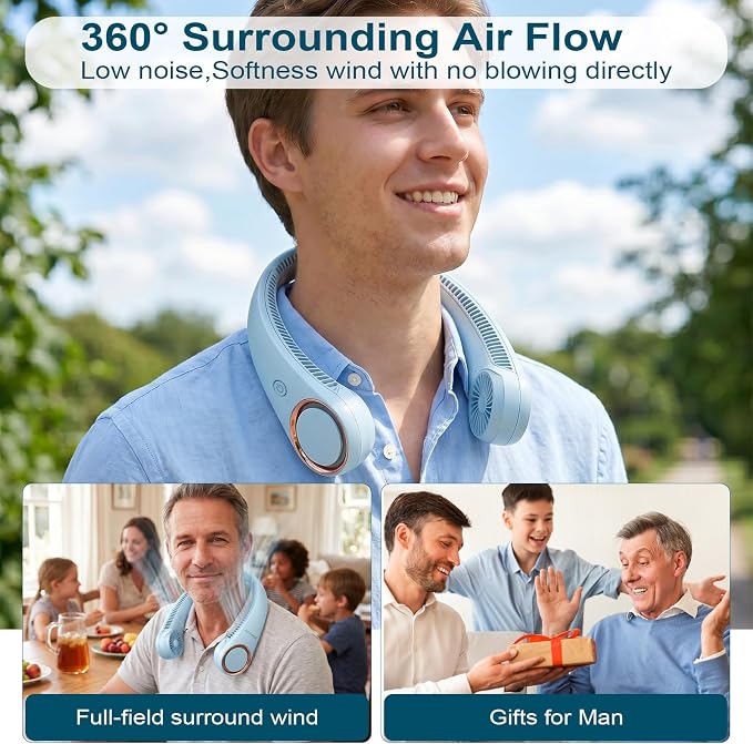 CIVPOWER Neck Fan: Portable Personal Neck Cooling Rechargeable Bladeless Fan - Hands Free 3 Speed 4000 mAh Battery USB Operated Wearable Headphone Design - Gift for Men Women Outdoor (Light Blue)