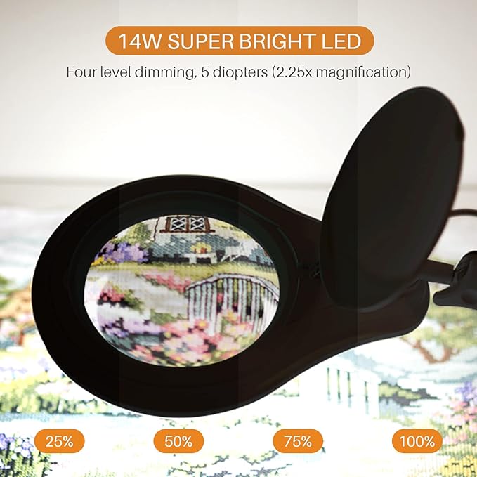 LED Magnifying Lamp with Clamp, 5 Inch Magnifier Glass Lens, Metal Swing Arm Dimming 1200 Lumens Lighted Magnifying Desk Lamp for Crafts, Bright 60PCS LEDs - 2.25X Magnification(Black)