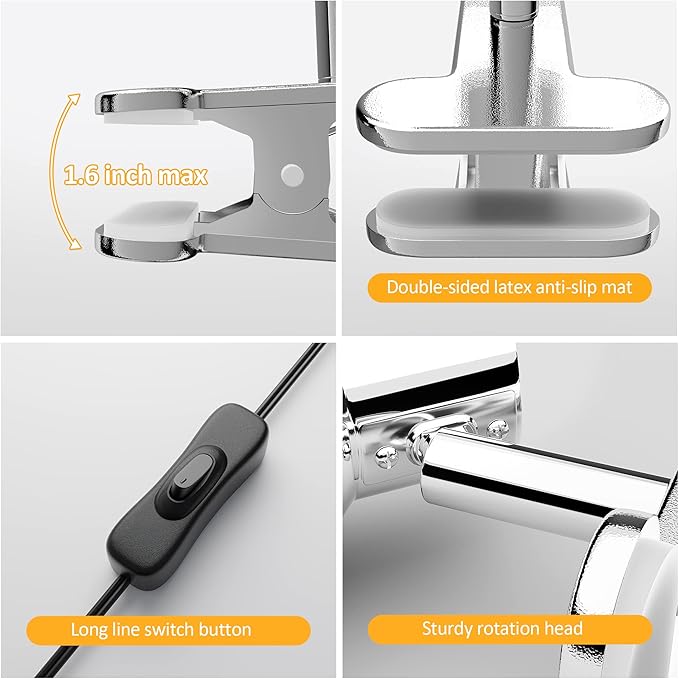 LED Clamp Light,5W Super Bright Desk Lamp, 330° Rotation Small Lamp with Clamp on Desk/Table/Bed Headboard/Cupboard Home Lighting, Modern and Save Space Illumination Powerful Lamp Silver