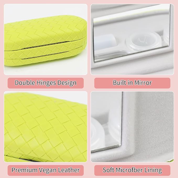 2 in 1 Contact Lens Case and Eyeglasses Case for Women Men Kids, Double Sided Hard Shell Portable Glasses Travel Holder with Built-in Mirror, Contact Lens Box Storage Kit, Lime
